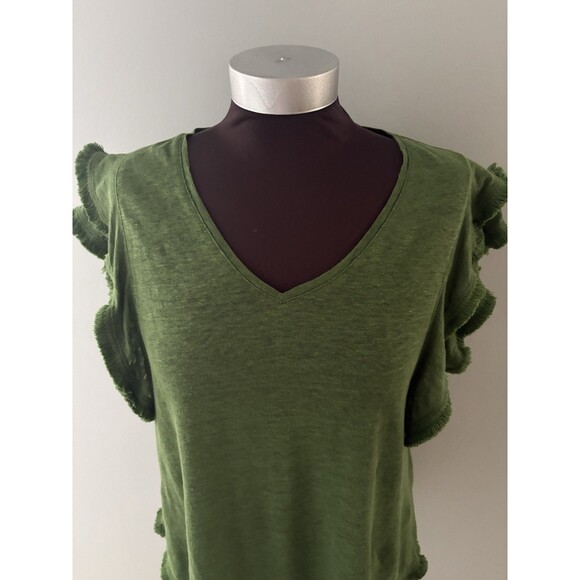 Chicos Linen Top Size M Green Ruffle Flutter Sleeve Relaxed Fringe Preppy Forest - Picture 2 of 16